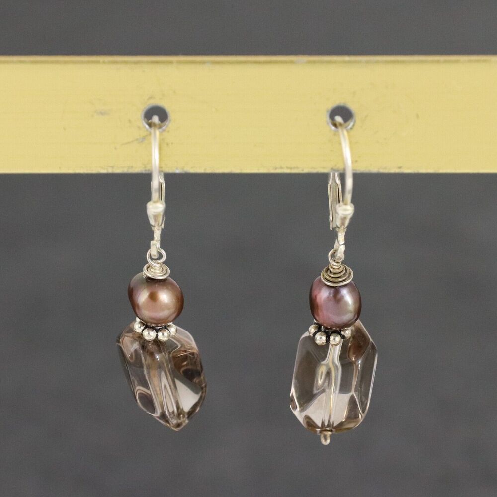 Vintage Sterling Silver 925 Smoky Quartz Pearl Drop Earrings